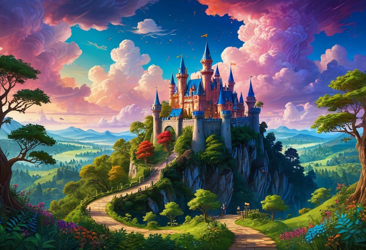 A whimsical journey through a vibrant landscape filled with animated letters, word trees bearing fruit shaped like synonyms, and paths lined with etymological roots leading to a colorful dictionary castle. In the sky, clouds made of phrases drift by, illuminating the scene with a magical glow. Each element represents a stage of language development, showcasing the evolution of words in a playful manner. vibrant colors. digital art.