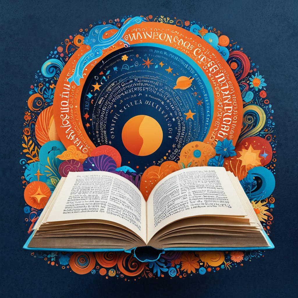 A mesmerizing collage of colorful words and letters swirling around an open book, symbolizing the power of language and diction. Include fragments of famous quotes and diverse lexicons flowing from the book, merging with vibrant illustrations of diverse cultures and communities engaging in conversations. The background should depict a soft gradient blending from deep blue to warm orange, evoking curiosity and exploration. super-realistic. vibrant colors. dreamy atmosphere.